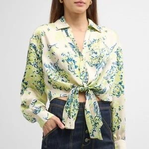 Cinq à Sept Marianna Bouquet-Print Cropped Shirt Blue White Green Size Small